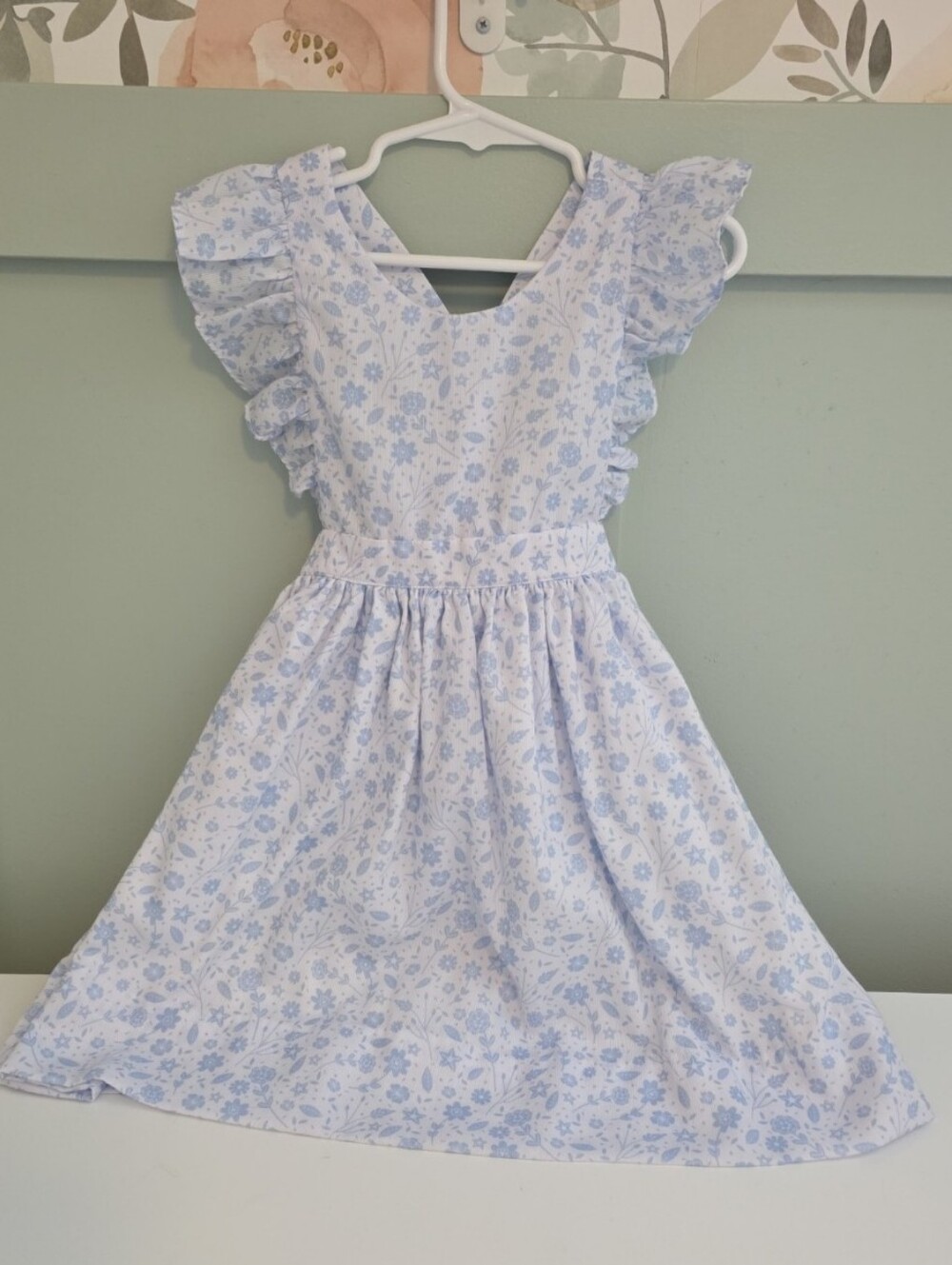 Smockingbird 4 Or 4t Light Blue Floral Ruffle Sleeve Pinafore Dress Smocked Like